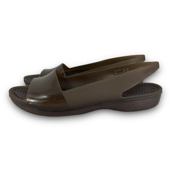 Crocs ColorBlock Slingback Flats 200032 Croslite Slip On Peep Toe Brown Women 7 - Picture 2 of 10